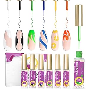 JOSLOVE Gel Liner Nail Art, 6 Colors Neon Orange Hot Pink Gel Nail Polish Set, Gel Nail Art Brushes Built, Thin Nail Art…
