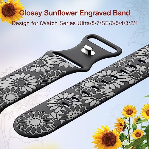 Image of Sunflower Engraved Band Compatible with Apple Watch Bands 38mm 40mm 41mm 42mm 44mm 45mm 49mm Women, Designer Soft Glossy Floral Silicone Strap for iWatch Series Ultra 11 10 9 8 7 6 SE 5 4 3 2 1
