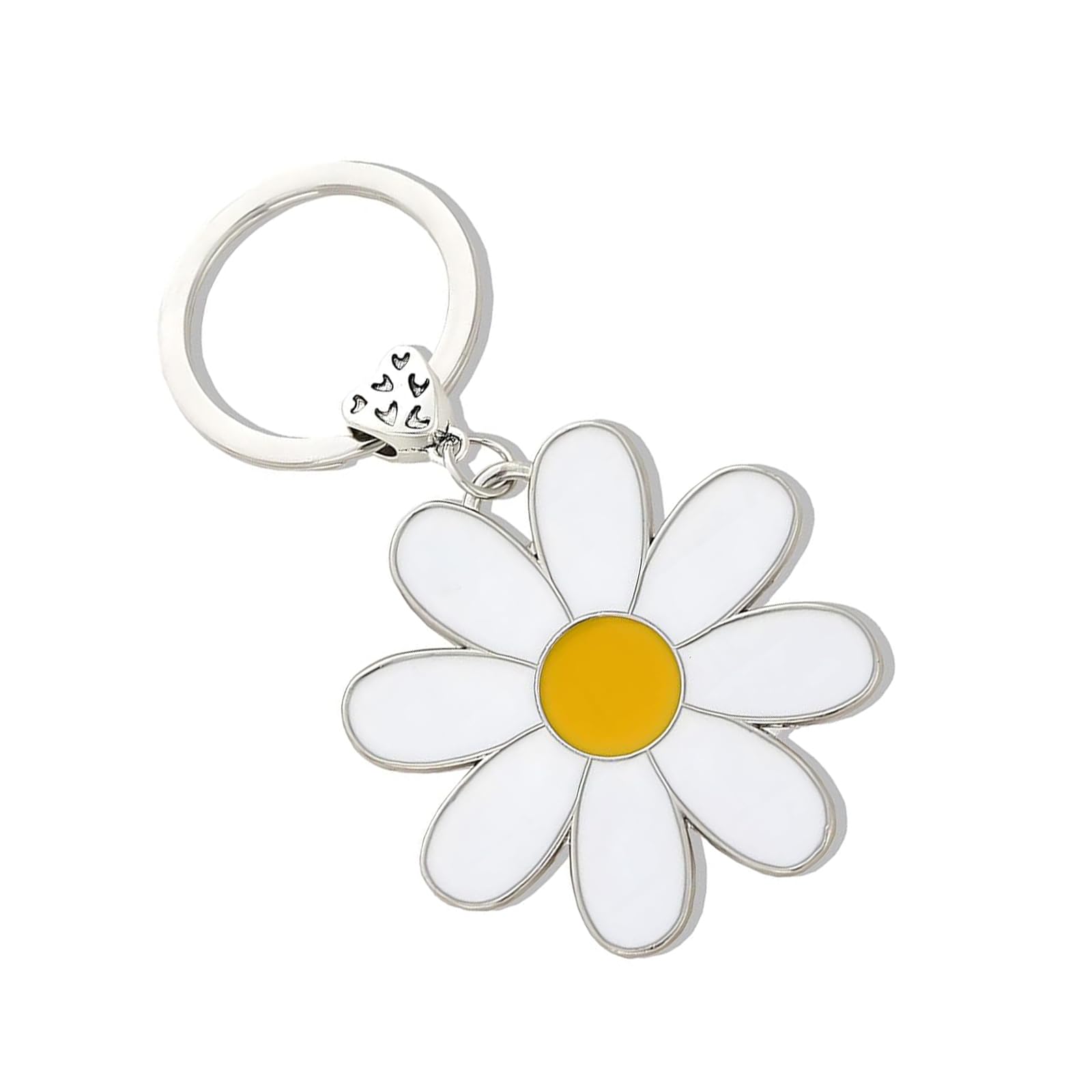 Jrteay Women's White 1 Pack Daisy Keychain, Enamel Flower Keyring With Heart Charm For Girls, Cute Bag Charm Handbag Backpack Keys Accessories, Ideal Gift For Flower Lovers