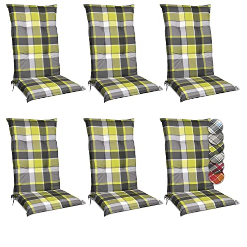 Beautissu 6er Set Hochlehner Auflagen Set Gartenstühle 120x50 cm Polster Grün Kariert – 6cm Dicke Polsterauflage Bequem, rutschfest & UV-Lichtecht 5 – Stuhlkissen Sitzauflage – Sunny GR
