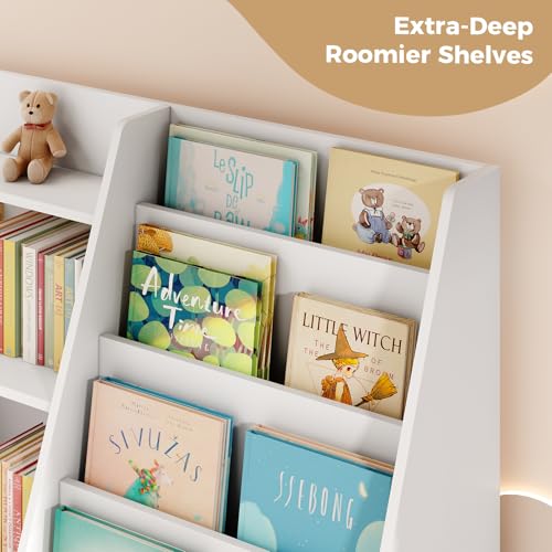 Image of Tatub 4 Tier Kids Wooden Bookshelf and Toy Storage, Children Toy Organizer with Upgraded Book Shelves, Toddler BookRack Baby Bookcase with Upgraded Storage for Nursery, Playroom and Classroom, White