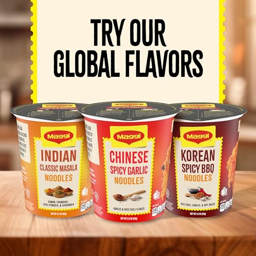 Image of Maggi Chinese Spicy Garlic Noodles, Cup of Noodles, Instant Ramen 3 min, Vegetarian, Halal, Kosher, 12 Pack