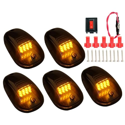 FICBOX 5pcs White LED Cab Roof Top Marker Running Lights Compatible with Truck SUV (Smoked Lens with 12 Amber LEDs)