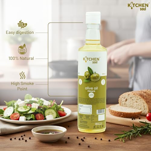 Image of KITCHEN SOUL Olive Pomace Oil 500ML | Pure Refined Olive Oil for Deep Frying, Cooking and Sauteing | High Smoke Point | Heart Healthy Edible Oil | No Preservatives
