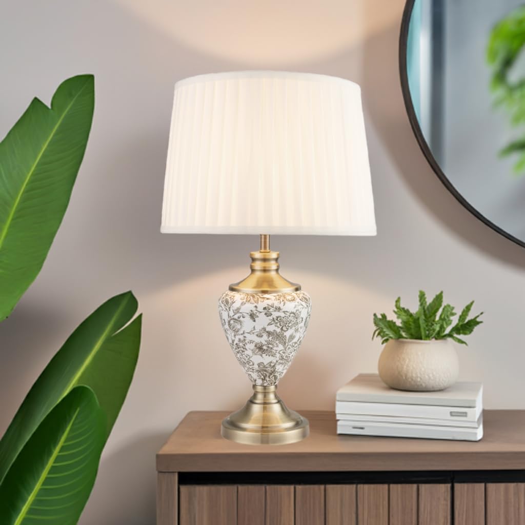 Lighting Supermarket Gold Hepburn Large Printed Ceramic Table Lamp With Cream Pleated Shade - Print & Brass