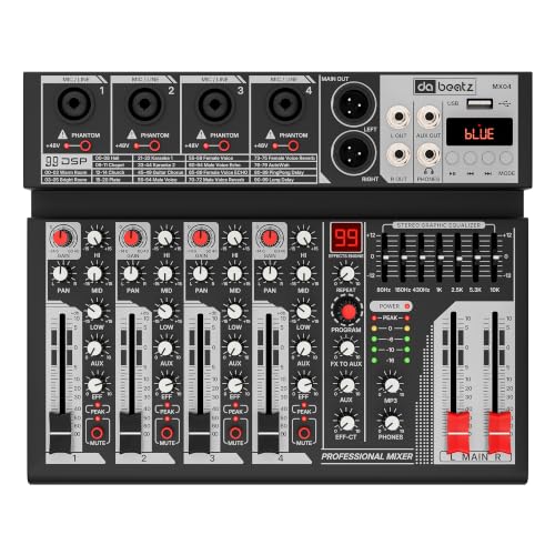 Image of Dabeatz MX04 4-Channel Audio Mixer with XLR /6.35mm Combo Inputs, Bluetooth & USB Playback, 99 DSP Effects, 7-Band EQ, Recording & 48V Phantom Power for DJ, Karaoke & Live Sound