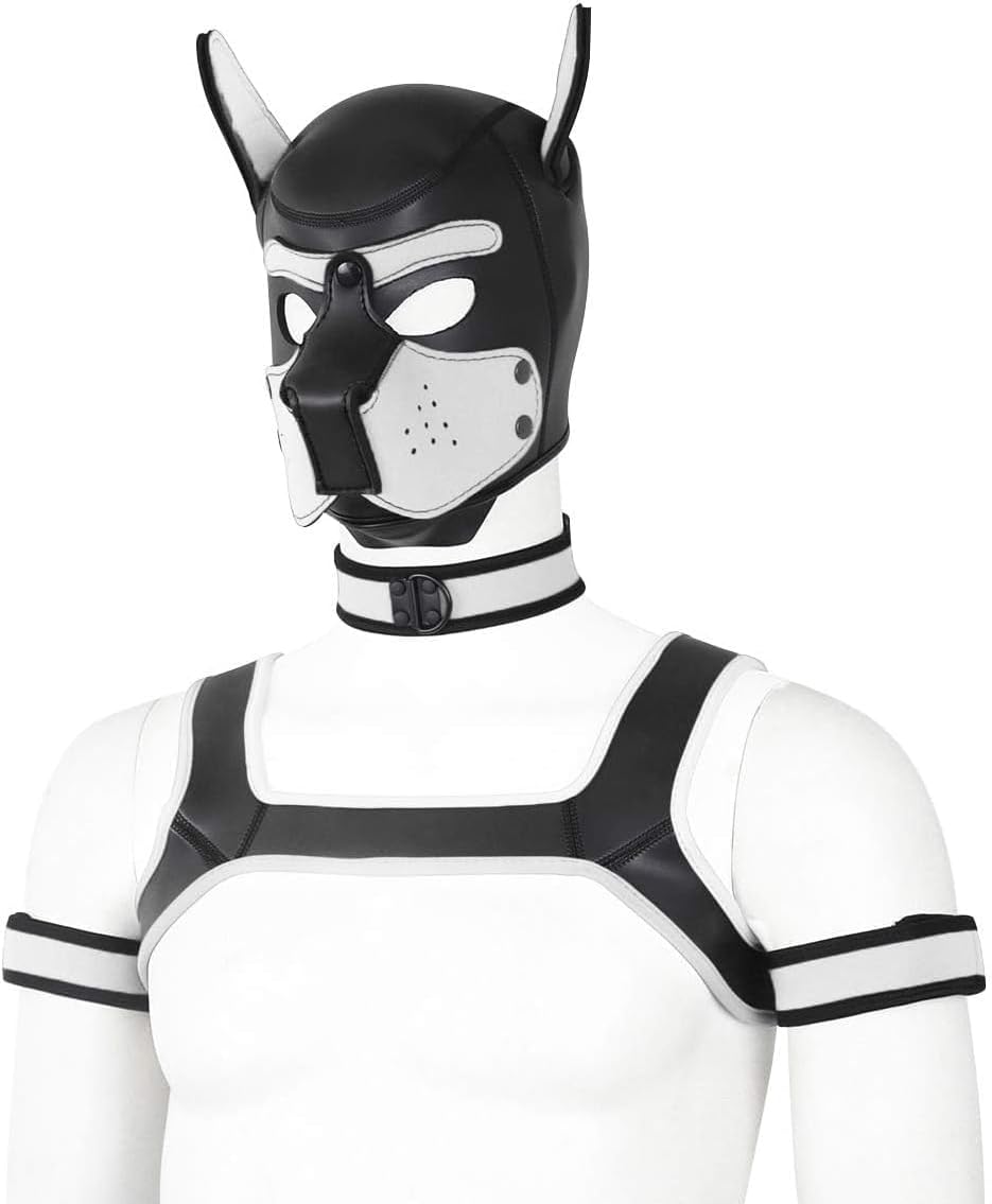 Adults Neoprene Puppy Hood Custom Animal Head Mask Novelty Costume Dog Hood Mask,Collar,Armband and Harness Set (White)