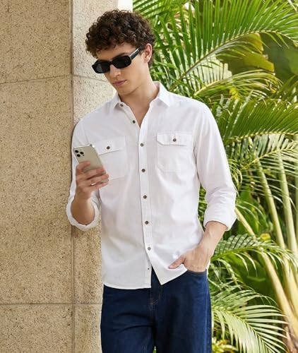 Image of IndoPrimo Men's Cotton Shirt with Stylish Flap Pockets Full Sleeves Spread Collared Neck Solid Pattern Western Style Classic Fit and Standard Length