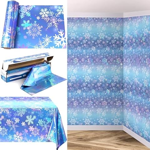 Kochorie 100 Ft x 54 Inch Iridescent Winter Snowflake Tablecloth Roll with Cutter Box Holographic Blue and Purple Snowflake Wonderland Table Cover Backdrop for Frozen Birthday Party Supplies Cover