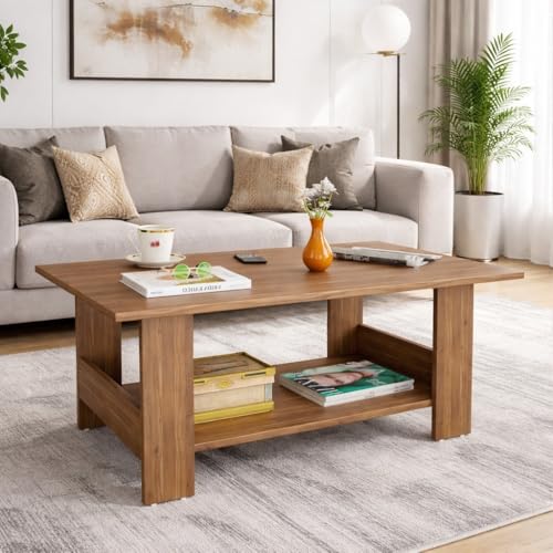 Image of Spyder Craft Modern Coffee Table with Open Storage Shelf - Minimalist Rectangular Center Table for Living Room, Office, and Lounge - Durable Engineered Wood, Easy Assembly (Wood Brown) (Assembly -DIY)