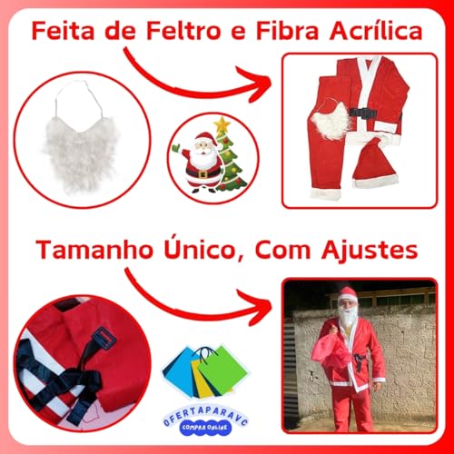 Roupa Completa Papai Noel Festas Eventos Natal Natalino de Feltro Tam Único com 5 Peças Fantasia