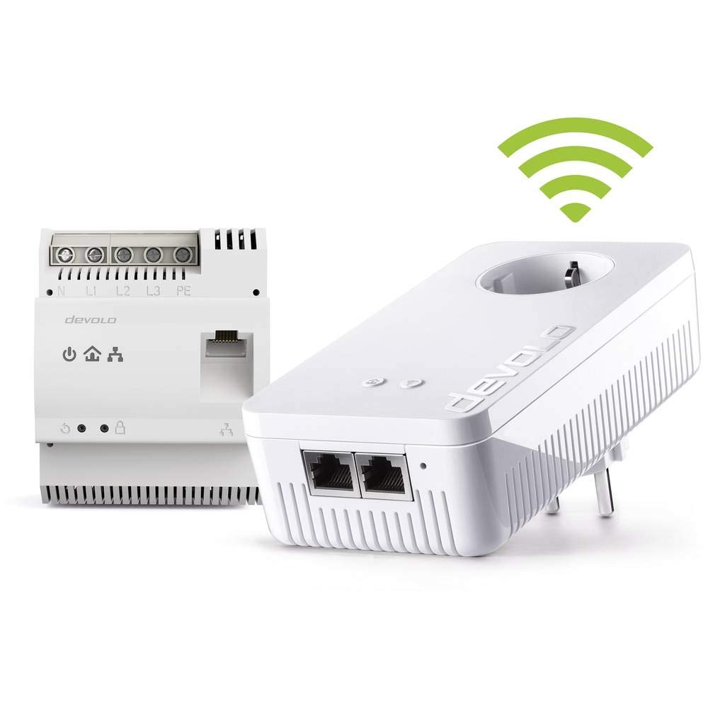 devolo Powerline Adapter, dLAN 1200+ DINrail WiFi ac Starter Kit -bis 1.200 Mbit/s, Hutschienen Adapter, WLAN Steckdose, 2x Gigabit LAN Anschluss, weiß