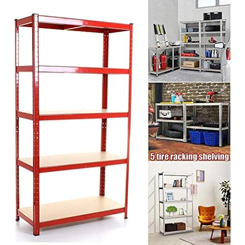5 Tier Shelving Unit for Garage and Shed - Freestanding Industrial Metal Shelf, Boltless Metal Steel & MDF Shelves, 875KG Capacity Extra Deep Storage Racking Unit, 150x70x30cm, Red Cover