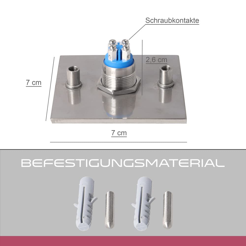 Jung Edelstahl Design - Edelstahl Türklingel Rio Aufputz oder Unterputz - 7 X 7 cm mit LED Drucktaster - Klingel aus V2A Edelstahl geschliffen - Haustürklingel ohne Gravur (ohne LED)