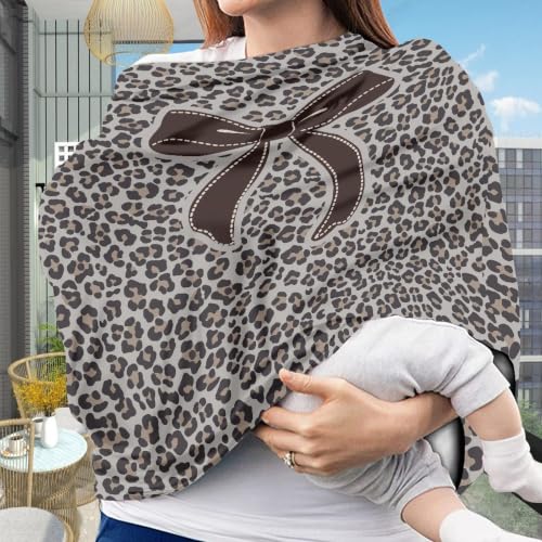 Image of Leopard Print Bow Car Seat Cover Baby Breathable Nursing Covers