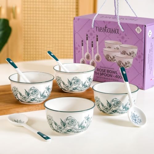 Image of Nestasia Ceramic Soup Bowl with Spoon Set of 4 (400ml Each) - Green Rose Printed Microwave & Dishwasher Safe Bowl Set for Serving Soup, Custard, & Dessert - Perfect for Gifting & Daily Use