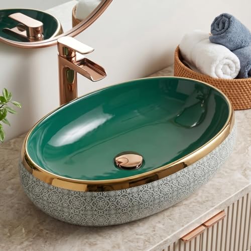 Image of BASSINO 24x16x6 Inches Table Top Washbasin /1 Year Warranty /Ceramic Wash Basin for Bathroom /Oval Shape Counter Top Wash Basin for Restaurant /Dining Hall /Living Room /Home(Glossy Green & Gold)