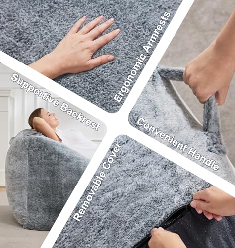 Image of Hobestluk Bean Bag Chair Plush Accent Chair Armrest Living Room Adult Grey