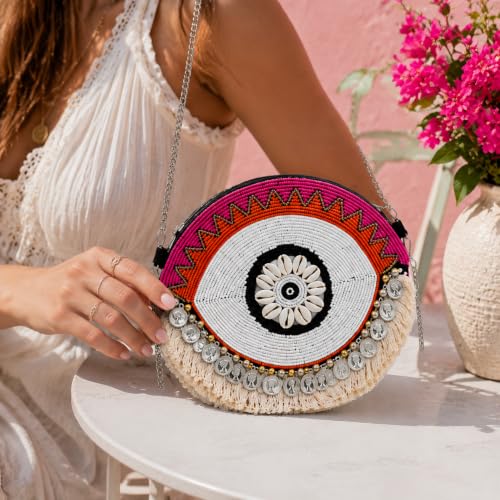 Image of Maresse Handcrafted Evil Eye Beaded Crossbody Boho Purse - Bohemian Tassel Bag for Women with Chain - Unique Style Shoulder Handbag - Trendy Festival Fashion Accessories & Chic Essentials