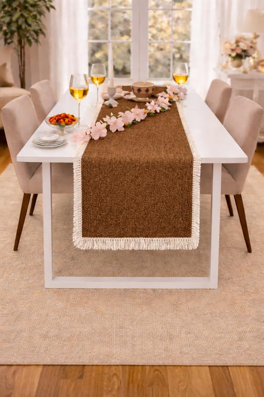 WWW.THROWPILLOW.IN Almond BrownFringe Centre Table Runners for Living Room| Dining Table, Coffee Table & Console Decor|Modern Farmhouse Runner for Stylish Homes|13x84 Inch|for 6 Feet Long Table
