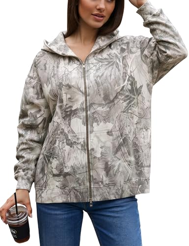 ACCPUR Women Camo Hoodie Oversized Fleece Full Zip Up Sweatshirt