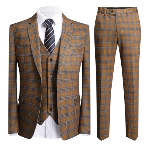 YFFUSHI Men's Plaid Tweed 3 Piece Suit Slim Fit Button Dinner Suit Tuxedo