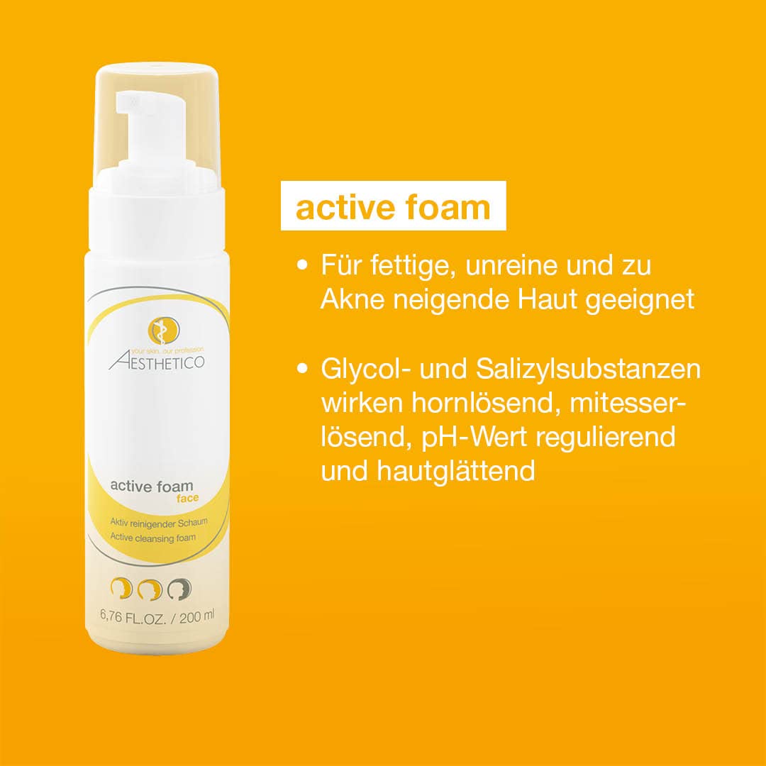 AESTHETICO active foam + refresh & care Set, je 200 ml | Reinigungsschaum und Gesichtswasser für unreine Haut, porentiefe Reinigung plus kühlendes, beruhigendes Pflegefinish