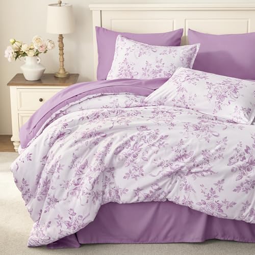 Image of Andency Floral Comforter Set Full Size, 7 Pieces Purple Flower Lightweight Bedding Set for All Seasons, Soft Vintage Bed in a Bag with Comforter, Sheets, Pillowcases & Shams