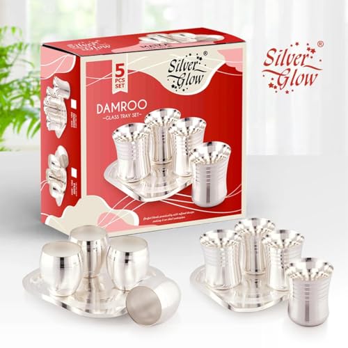 Image of Silverglow Damroo Tray Glass Set | Silver Plated Glass Set 4 with Tray | Juice, Water, Beverages Serving Set | Tableware Set | Perfect Diwali, Office, Wedding Return Gift Item