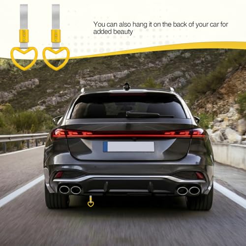 Image of 2PCS Heart Shaped Car Handle Straps, Rear Bumper Warning Keychain Ring for Car Exterior Accessories (Yellow-Silver)