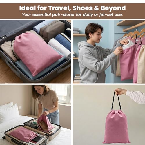 Image of LFH Cotton Rich Shoe Storage Bags with Drawstring, Dustproof Breathable Reusable Organizer, Perfect For Travel, Dorm, Hotel, College, Gym, Easy to Carry, Machine Washable 12 inchx17 inch (Pack of 2) - Pink