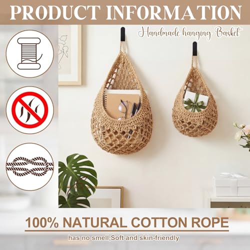 Image of Honeydak 3 Hanging Baskets, Light Linen, Crochet, Cotton Rope