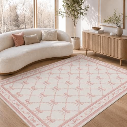 GENIMO 5X7 Pink Rug for Girls Bedroom Machine Washable Nursery Light Pink Pastel Area Rug Bow Pattern Floral Soft Cute Low Pile for Teen Room Living Room Playroom Dorm Room Home Decor
