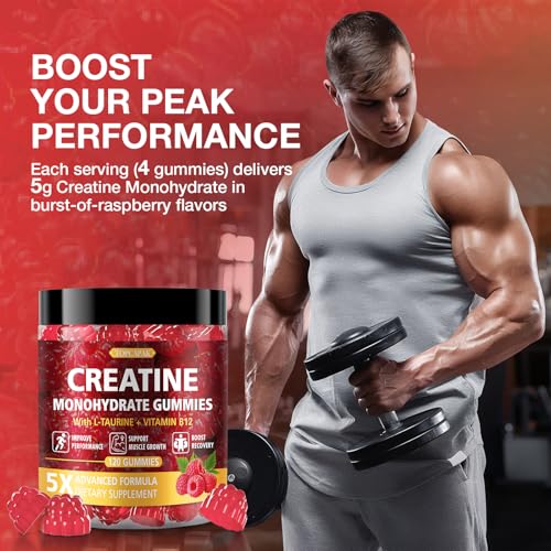 Image of Creatine Gummies for Men & Women - Chewable Creatine Gummy with Taurine & Vitamin B12, 5g Creatine Monohydrate per Serving, 120 Gummies - Strawberry Flavor, Raspberry-Shaped | Strawberry Raspberry-Shaped Chews Infused with Taurine & Vitamin B12,Vegan
