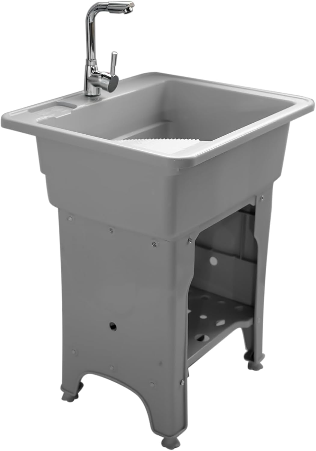 Freestanding Plastic Utility Sink Laundry Tub outdoor sink Drop in Deep sink kit with Inlet and Drain Pipe with Hot&Cold Faucet,Basement for Laundry Room&Garage or Shop,Size:25.9*21.65*31.5in(Gray)