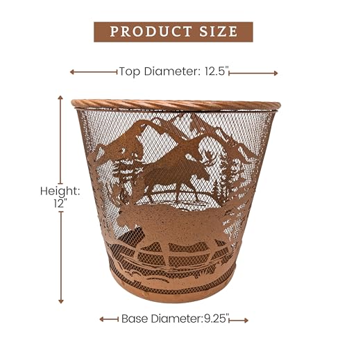 Image of Rustic Mountain Forest Moose Metal Wastebasket - Brown Mesh Trash Bin with Wildlife Design for Lodge, Cabin, or Nature-Themed Decor