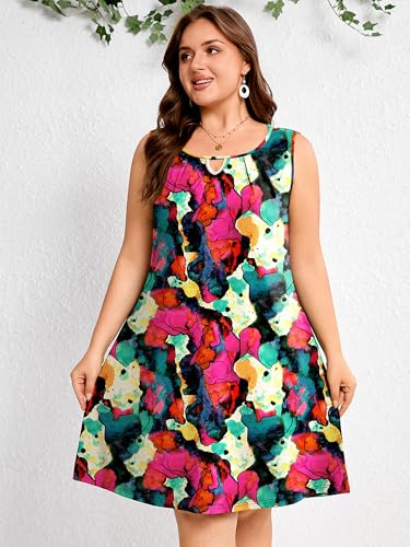 Image of AusLook Plus Size Summer Midi Dress for Women Sleeveless Casual A Line Swing Dress with Pockets Keyhole Neck Beach 1X-5X