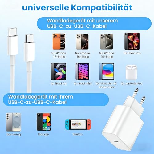 2er Pack 20W USB-C Ladegerät mit 2M+2M USB-C schnellladekabel, Schnellladegerät Für iPhone 17/16/15/Air/e/Pro/Pro Max/Plus,Für iPad Pro/Air/mini Stecker Adapter
