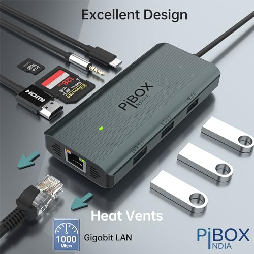 Image of PiBOX India, USB C Hub Dock- 9 in 1 Aluminum Type C Adapter with 4K HDMI Hub, Ethernet 1000mbps RJ45, 3 USB 3.0, USB-C Power Delivery, 3.5mm Audio only, TF /SD Card Reader, MacBook USB C Devices - 2024