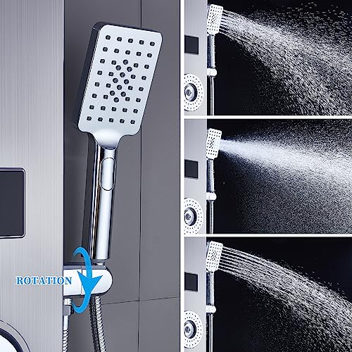 Image of ELLO&ALLO Shower Panel System Tower, LED Rainfall and Mist Head Rain Massage Stainless Steel Bathroom Fixtures with LED Body Jets, Brushed Nickel