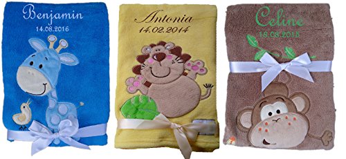 Babydecke mit Namen bestickt gelb und braun mit Affe