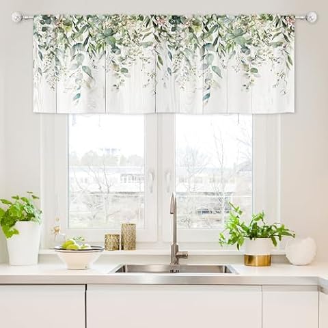 Riyidecor Green Eucalyptus Valances Curtains Watercolor Floral Plants Leaves on The Top Botanical Farmhouse Wood Plank Rod Pocket for Women Bedroom Living Room Treatment Fabric 1 Panel 52Wx18H Inch Cover