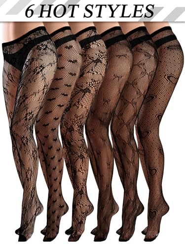 Image of Ramede 6 Pairs Women Fishnet Tights Thigh High Waist Bow Stockings Patterned Lace Fishnet Leggings Pantyhose for Halloween