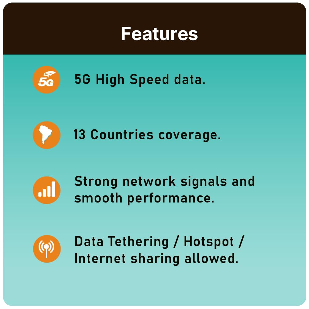 Scheda SIM TSIM Sud America 30 giorni – 6 GB | Rete multi-operatore 5G/4G (hotspot consentito) | Utilizzabile in Brasile, Cile, Colombia, Argentina, Ecuador e altri Paesi | Attivazione automatica.