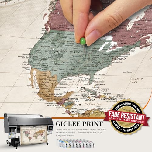Image of DECORARTS - Personalized World Travel Map with Pins, Custom Name, Pin Board Canvas Wall Art, Soft Vintage Pastel World Decor, Optional Wood Frame, Giclee Print, Handcrafted in USA, 30x24''