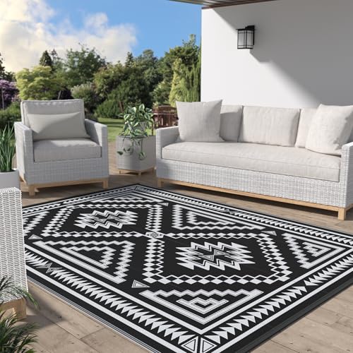 Image of GENIMO Outdoor Rug, Waterproof Plastic Rugs for Patio, 6'x9' Shadow White | Outside Larger Modern Carpet Mat for Porch Decor, Deck, Balcony, Camping, RV, Backyard, Picnic, Beach, Reversible, Foldable