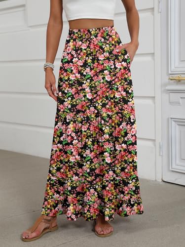 Image of ANRABESS Womens Maxi Skirt Elastic High Waist Swing Tiered A-line Flowy Pleated Boho Beach Vacation Long Skirts