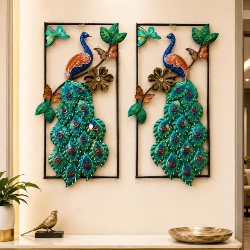 Image of SHREE 'O' GREEN TECH - Modern Multicolor Peacock Wall Decor with Vibrant Feather Artwork Floral Accents and Decorative Leaves for Living Room Bedroom Hallway Home Interior (Set of 2)