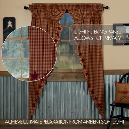 VHC-Brands-Star-Cotton-Primitive-Curtains-Rod-Pocket-Drawstring-Ties-Appliqued-Prairie-Panel-Pair-Burgundy-Red VHC Brands Star Cotton Primitive Curtains Rod Pocket Drawstring Ties Appliqued Prairie Panel Pair Burgundy Red