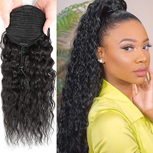 Feelgrace Drawstring Ponytail Human Hair Clip In Corn Wave Ponytail, Long Wrap Drawstring Curly Wavy Ponytails, 10A Natural Black Real Brazilian Hair Ponytail Hair Pieces 130 Gram 20 Inch